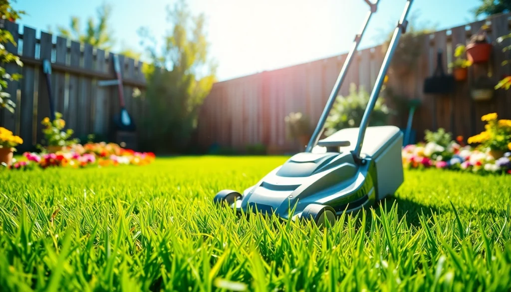 The electric lawn mower cordless efficiently trims the lush green grass under sunlight, showcasing modern landscaping.