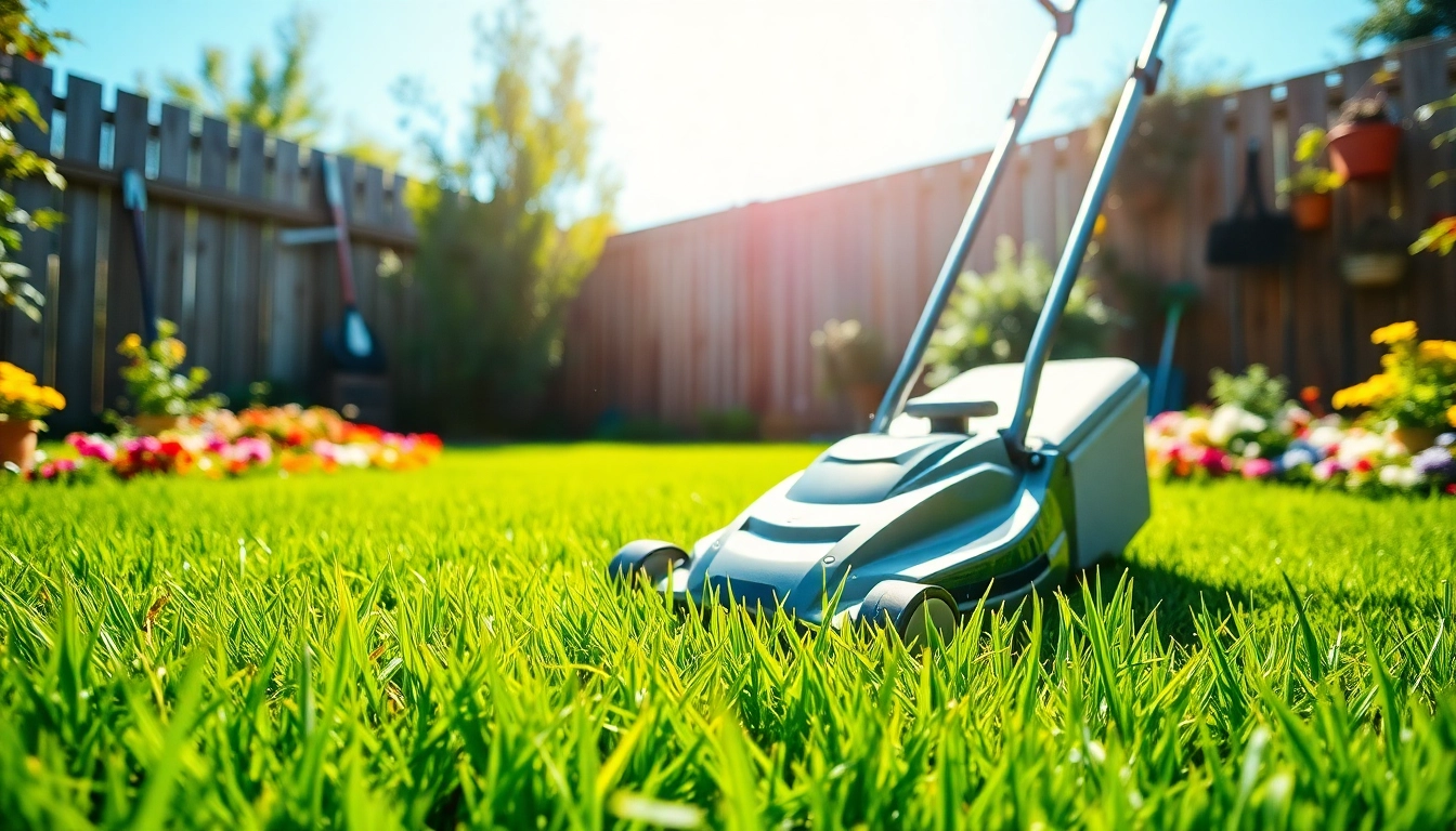 The electric lawn mower cordless efficiently trims the lush green grass under sunlight, showcasing modern landscaping.