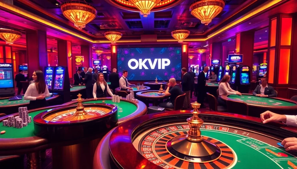 Engaged players at a vibrant casino scene showcasing OKVIP logo amidst exciting gambling activities.