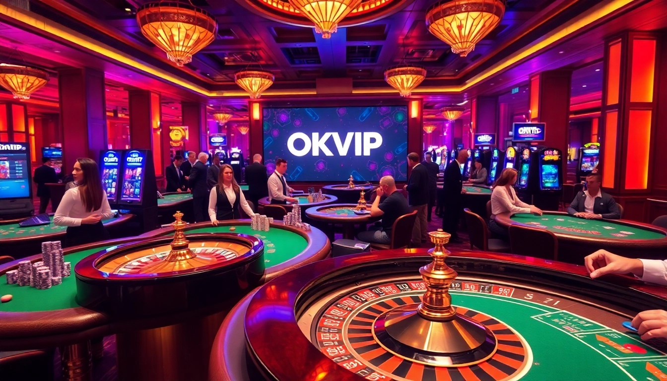 Engaged players at a vibrant casino scene showcasing OKVIP logo amidst exciting gambling activities.