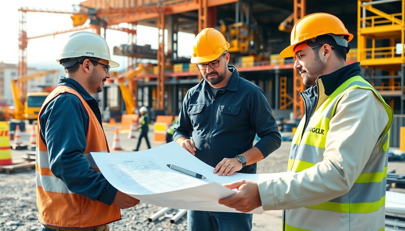 Engaged construction workforce development team collaborating with tools and blueprints.