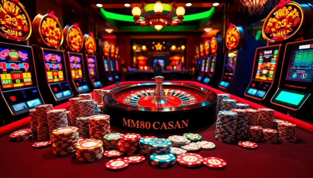 Experience the thrill of winning with MM88 at a luxurious casino setting featuring poker chips and slot machines.