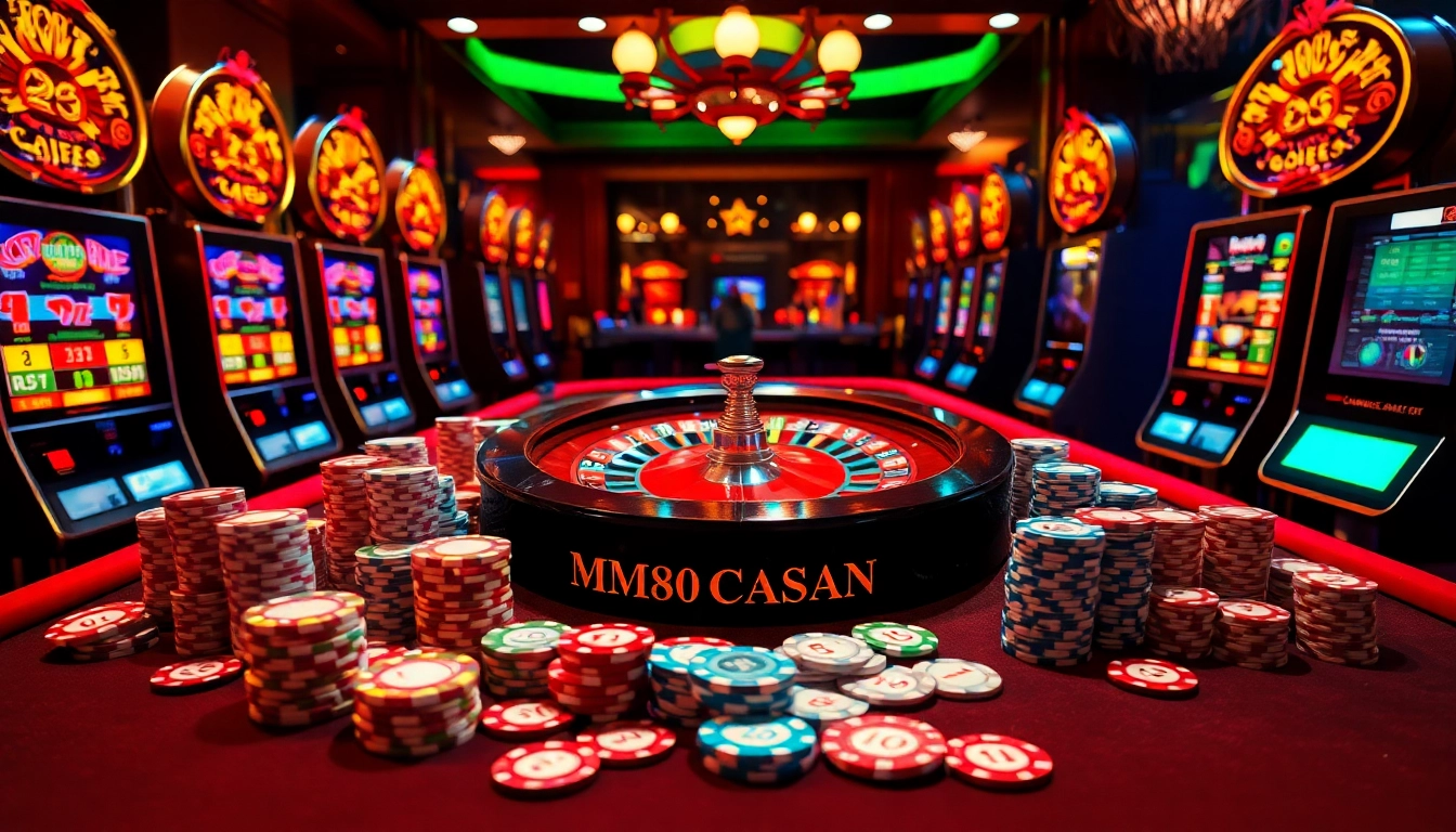 Experience the thrill of winning with MM88 at a luxurious casino setting featuring poker chips and slot machines.