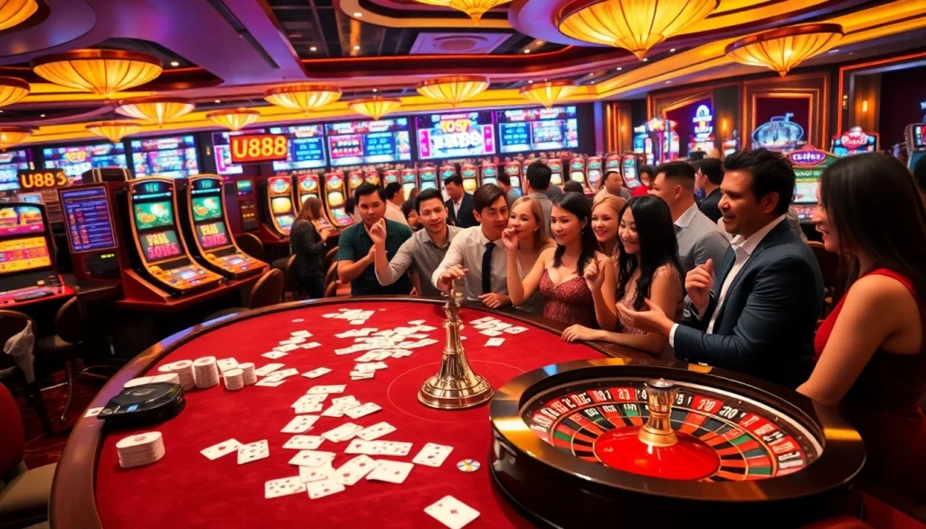 Engaging scene of U888 casino players at an exciting gambling table, showcasing vibrant games.
