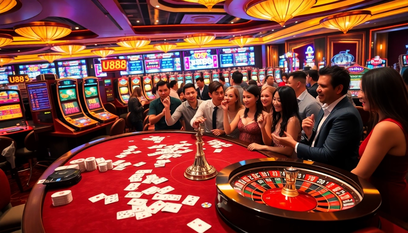 Engaging scene of U888 casino players at an exciting gambling table, showcasing vibrant games.