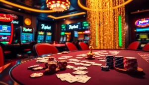 Experience the thrill of gambling at 7upbet with poker chips and vibrant casino lights.