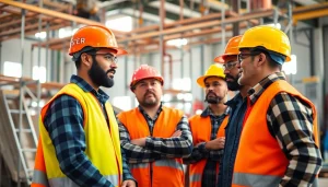 Construction workforce development showcased by professional workers collaborating on-site.