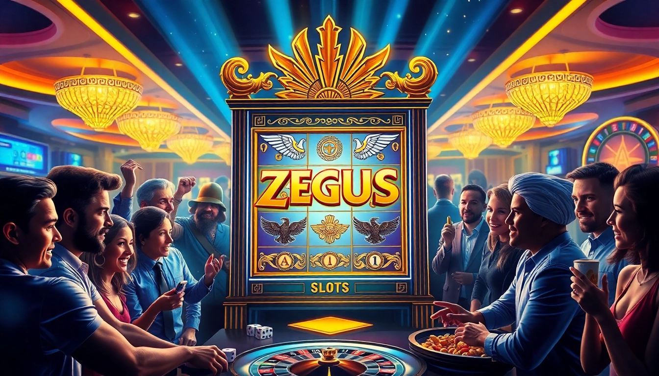 Para pemain antusias berinteraksi dengan mesin slot Zeus di kasino mewah.