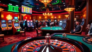 Experience thrilling online gaming at Haywin with vibrant casino visuals, including poker and slot machines.