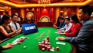 Place bets on SBOBET with vibrant casino tables featuring poker chips and cards.
