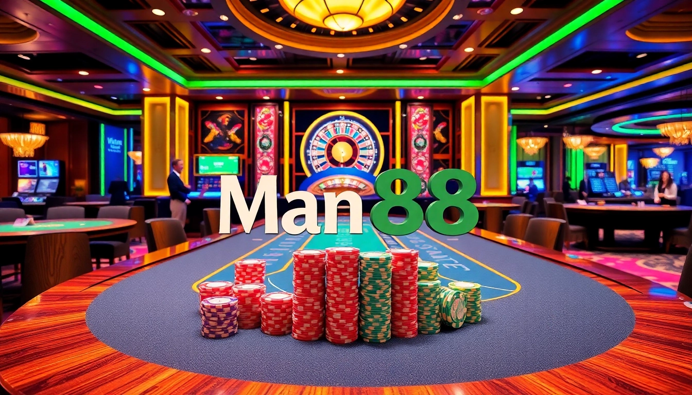 Experience the thrill at Man88's casino table with vibrant poker chips and cards.