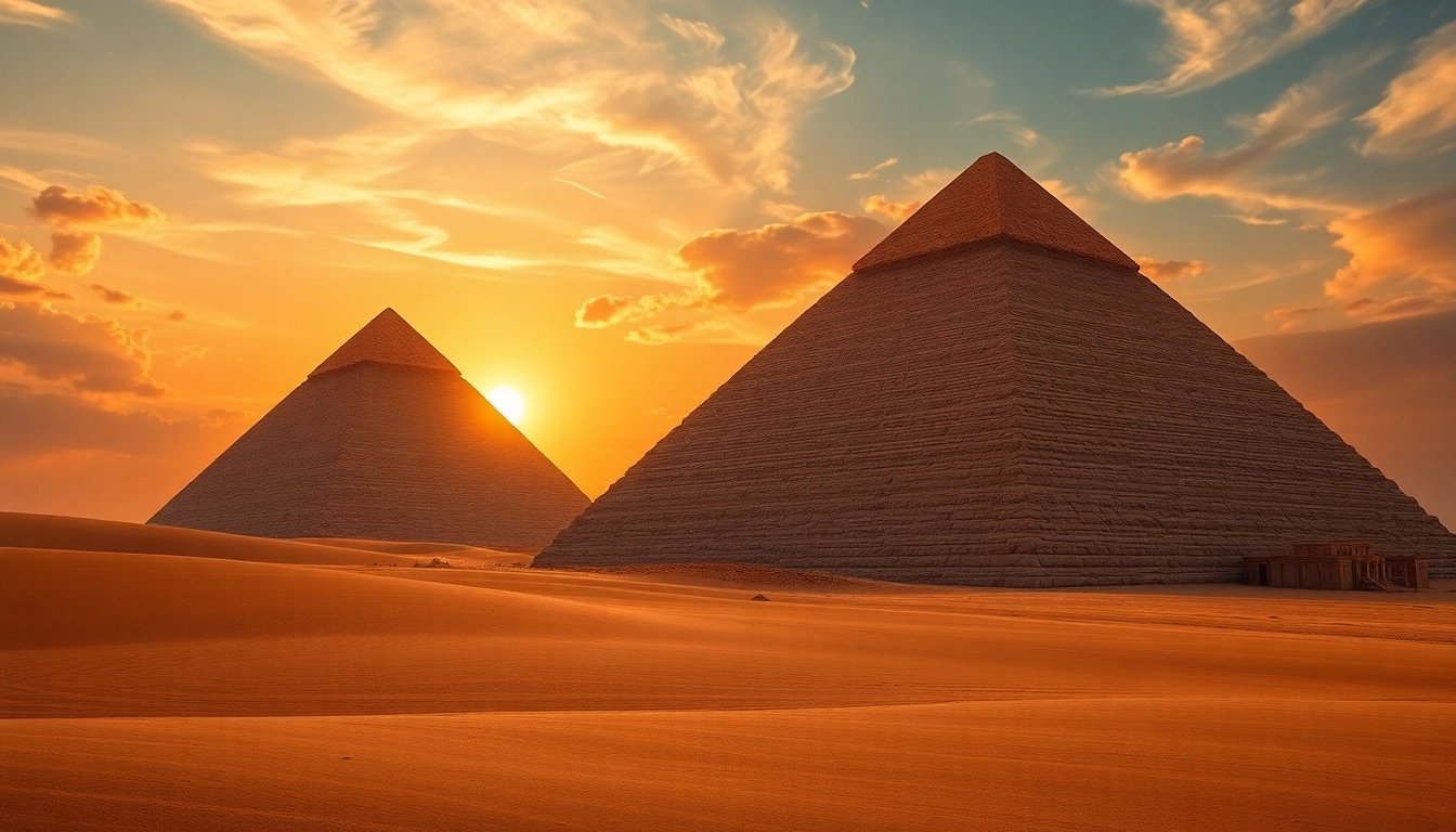 View of pyraminds at sunset, showcasing the grandeur and mystery of ancient Egypt.