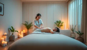출장마사지 in a cozy, serene room with a therapist and client, creating a calming atmosphere.