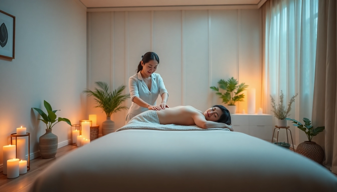 출장마사지 in a cozy, serene room with a therapist and client, creating a calming atmosphere.