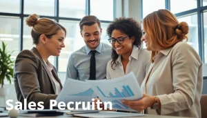 Effective teamwork in sales recruiting services with professionals analyzing data in a bright office.