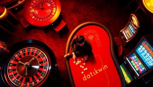 Rasakan permainan yang mendebarkan dengan Datukwin di kasino mewah yang menampilkan meja berwarna-warni dan mesin slot.