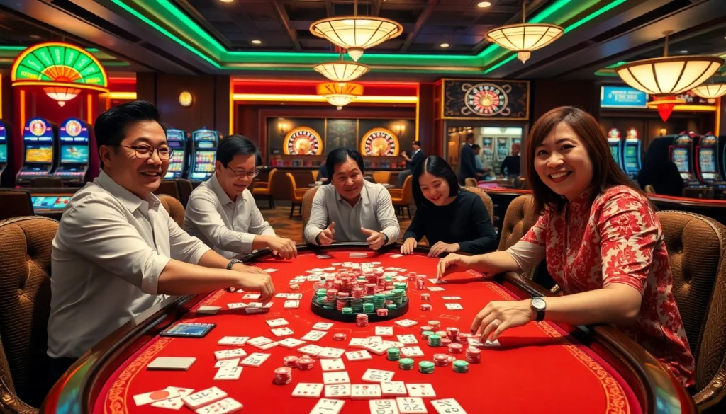 Players compete at a mahjong table in a lively casino setting, enjoying link mahjong amidst vibrant gambling energy.