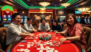 Players compete at a mahjong table in a lively casino setting, enjoying link mahjong amidst vibrant gambling energy.