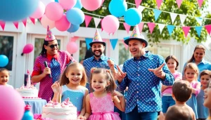 Birthday party entertainers engaging children with laughter and fun during an outdoor celebration.