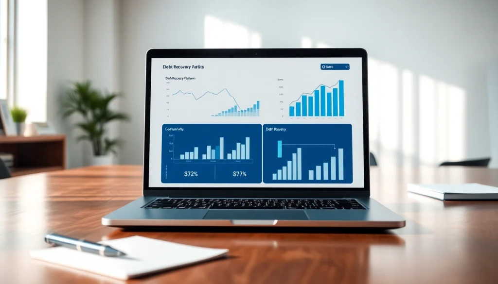 Streamlined interface of a legal debt recovery platform showcased on a laptop in a professional setting.