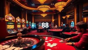 Exciting casino ambiance featuring J88 gaming tables, vibrant slots, and strategic players in action.