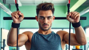 Person using pull-up assist bands in a vibrant gym, showcasing strength and motivation.