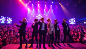 BTS news captured during a dynamic concert performance, highlighting energy and excitement.