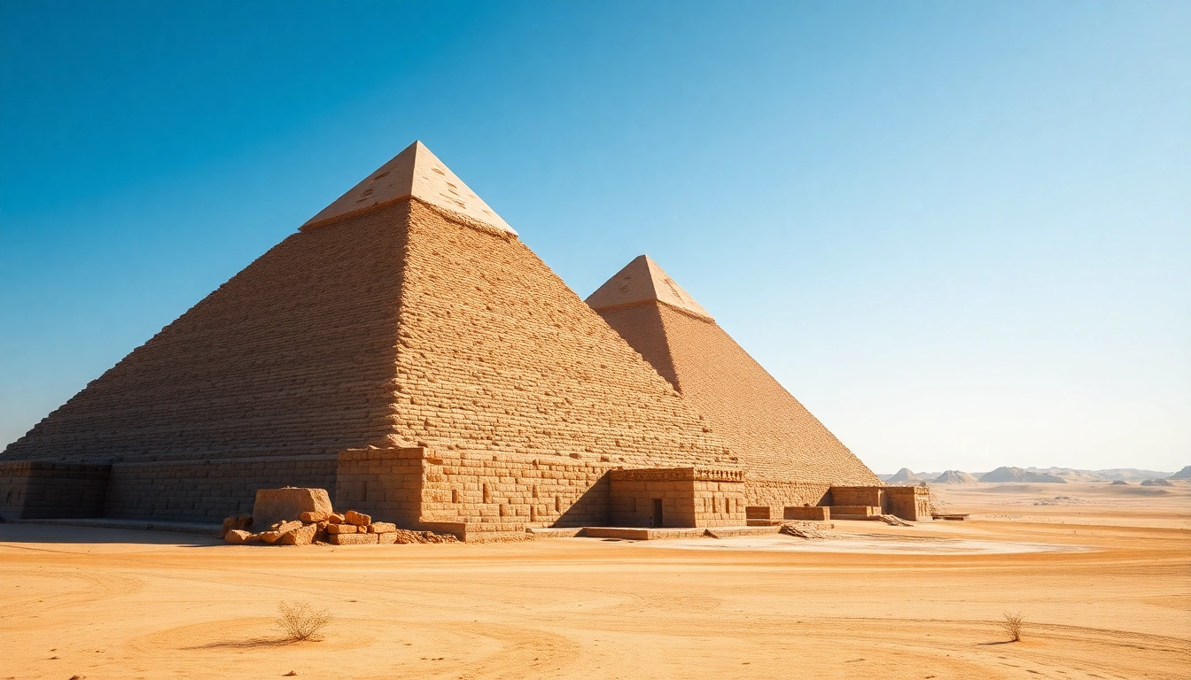 Explore the breathtaking piraminds of Egypt, showcasing their massive structures amid a clear sky.