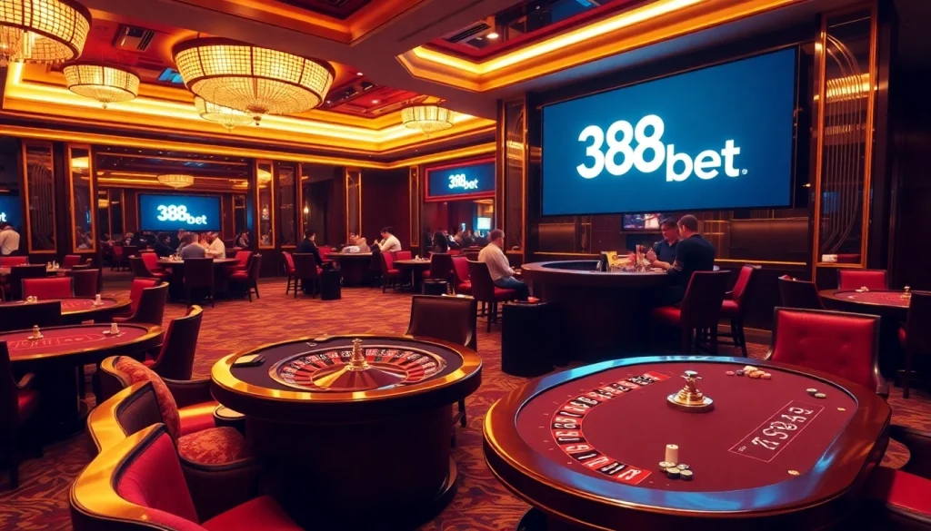 Players enjoying high-stakes betting at elegant 388bet casino tables with roulette wheel.