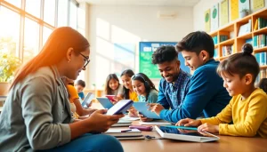 Engaged students collaborating in an innovative education environment with technology.