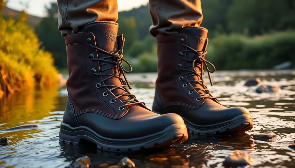 Showcasing Fly fishing boots near a river, emphasizing their rugged features and design.