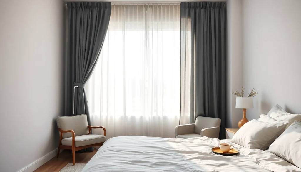 Verduisterende gordijnen accentueren de stijl van een rustige slaapkamer met natuurlijk licht.