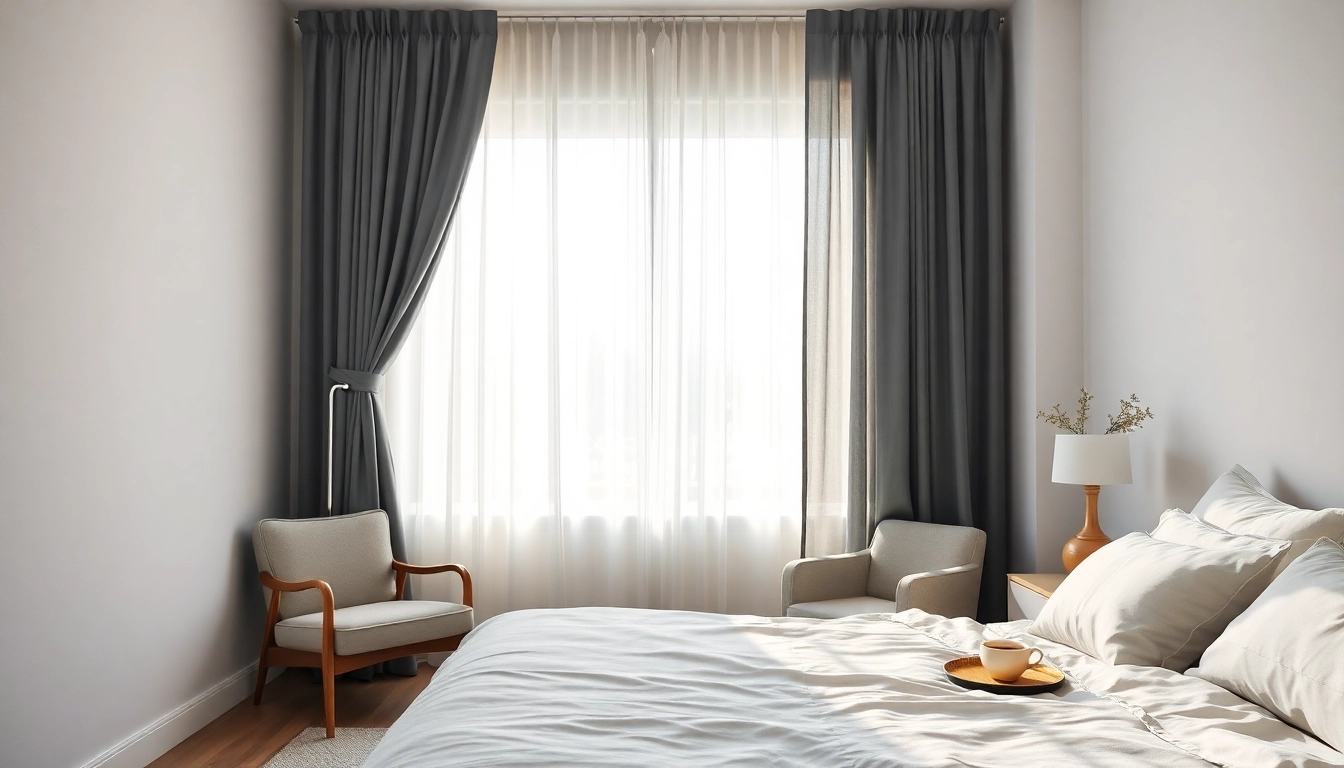 Verduisterende gordijnen accentueren de stijl van een rustige slaapkamer met natuurlijk licht.