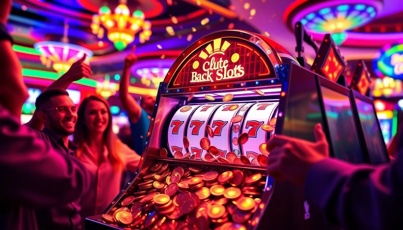 Players celebrating a significant slot jackpot win by a lively slot machine.