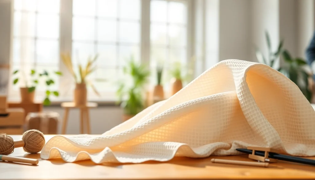 Wafeldoek met unieke structuur bevestigd aan een houten tafel in een lichte omgeving.