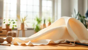 Wafeldoek met unieke structuur bevestigd aan een houten tafel in een lichte omgeving.