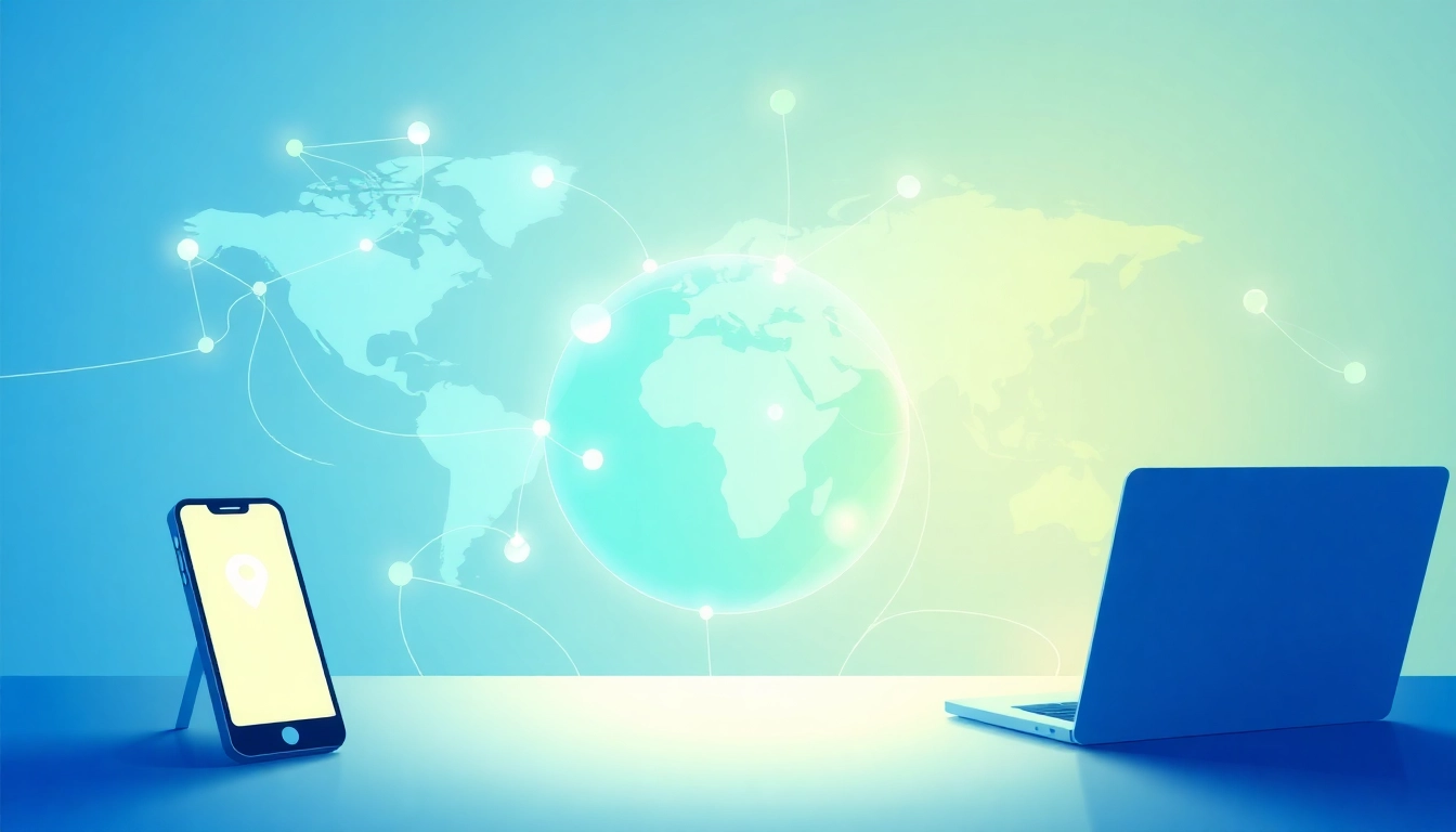 快连 VPN 用户在多设备上安全连接，代表全球互联。