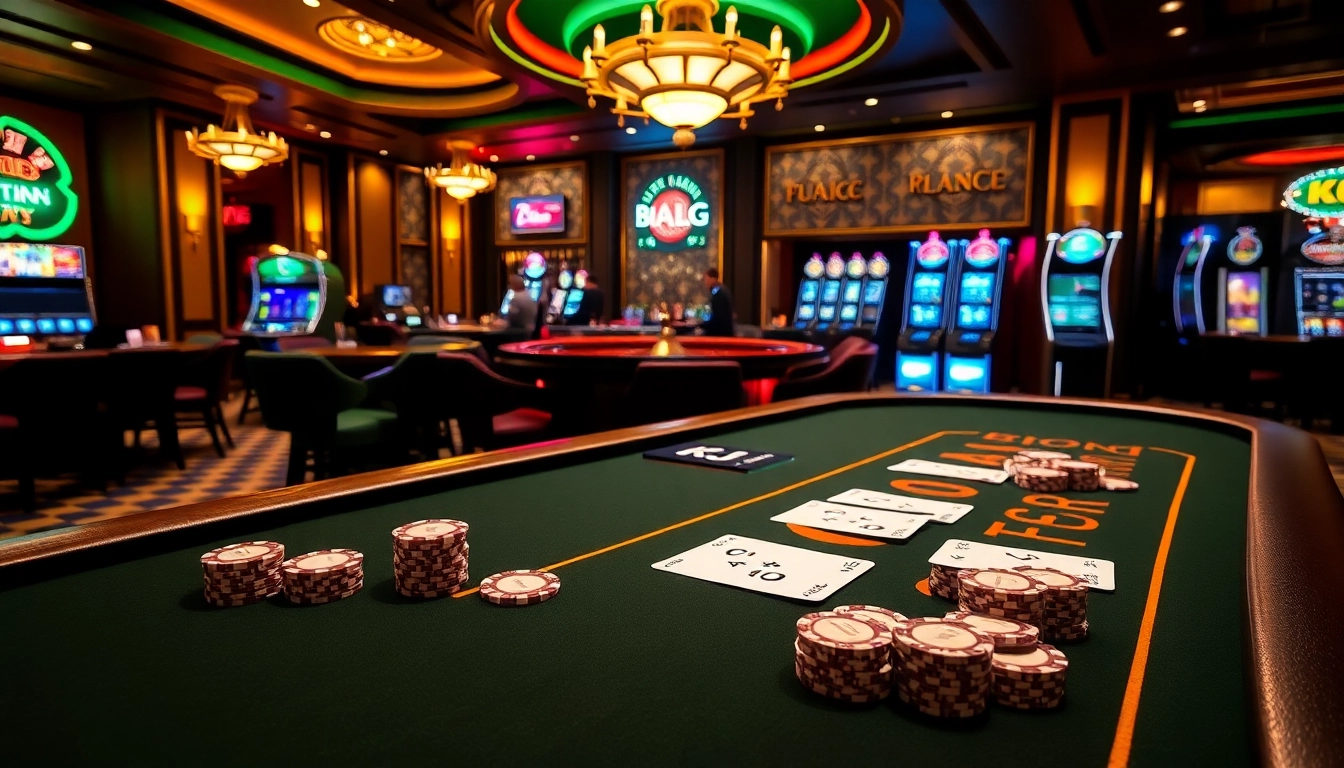 KJC casino scene showcasing a glamorous poker table with cards and chips, inviting excitement and luxury.