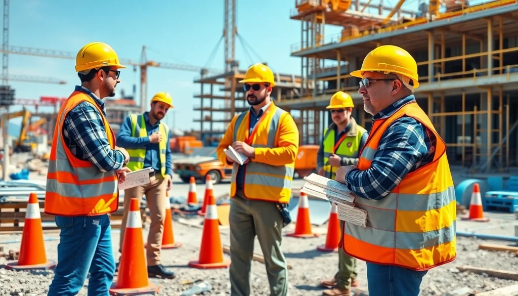 Construction safety training scene with workers in training activities on a job site.