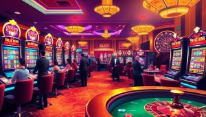 Experience the thrill of slot scatter hitam gameplay in this luxurious casino scene with vibrant machines.