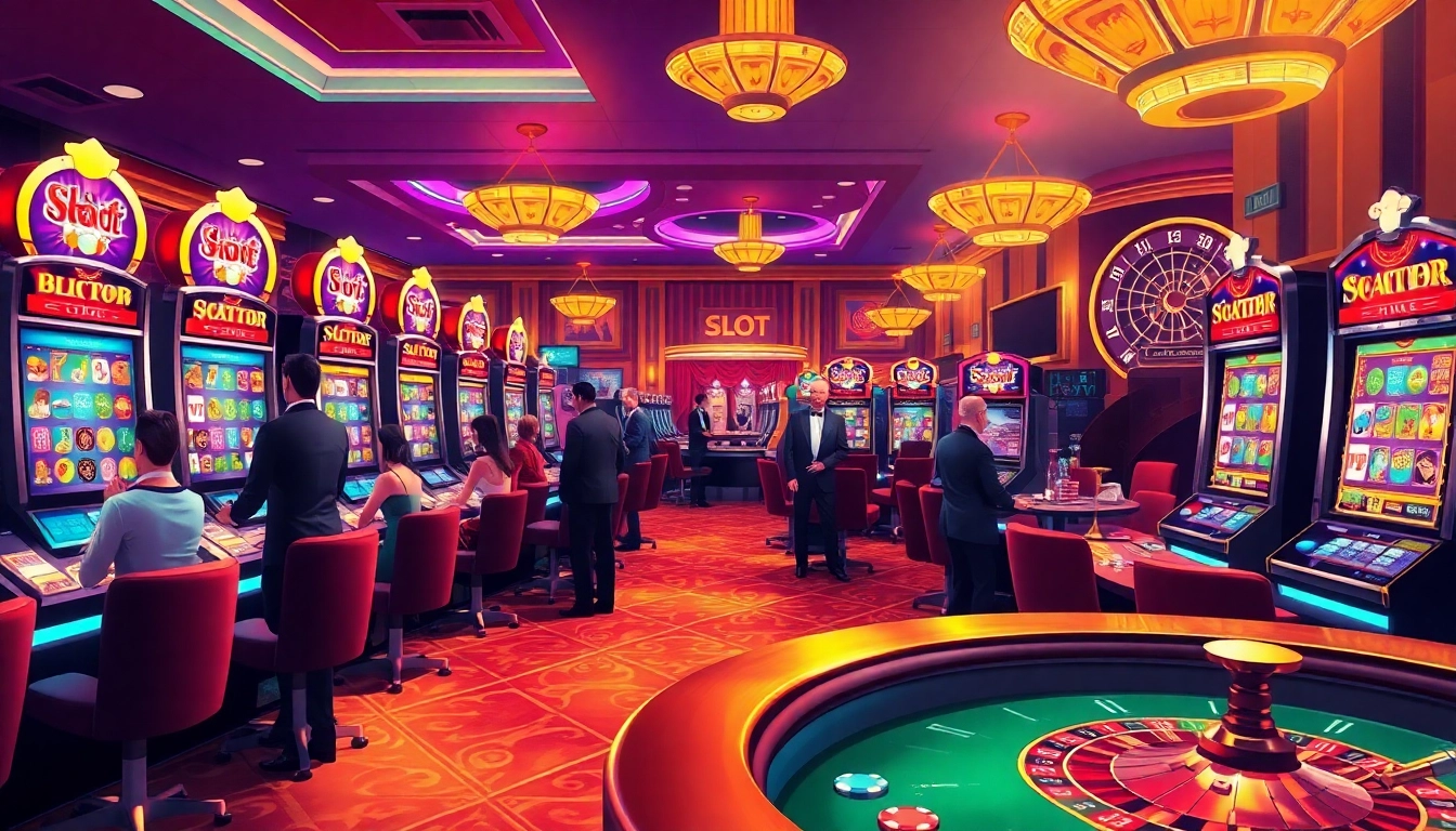 Experience the thrill of slot scatter hitam gameplay in this luxurious casino scene with vibrant machines.