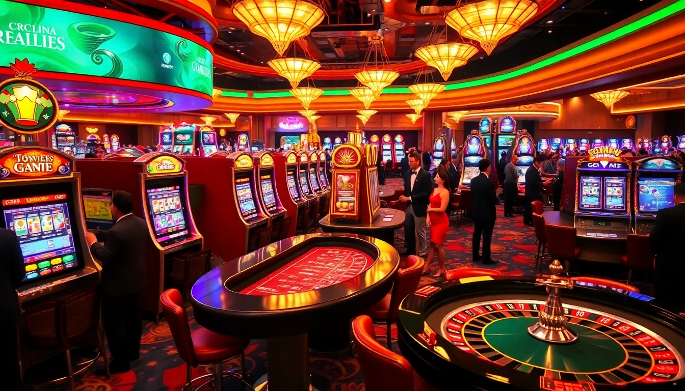 Menampilkan suasana kasino yang hidup dengan link igamble247 di tengah kemewahan mesin slot dan meja roulette.