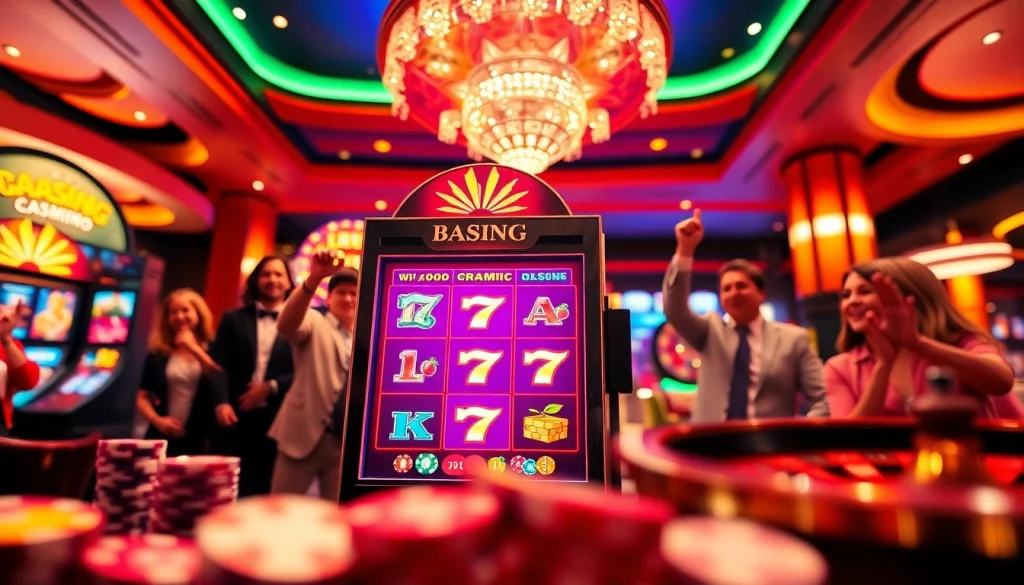 Players enjoying a win at a pragmatic slot machine in a vibrant casino atmosphere.