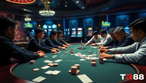 Winning at TR88 poker with vibrant casino elements including chips and cards.