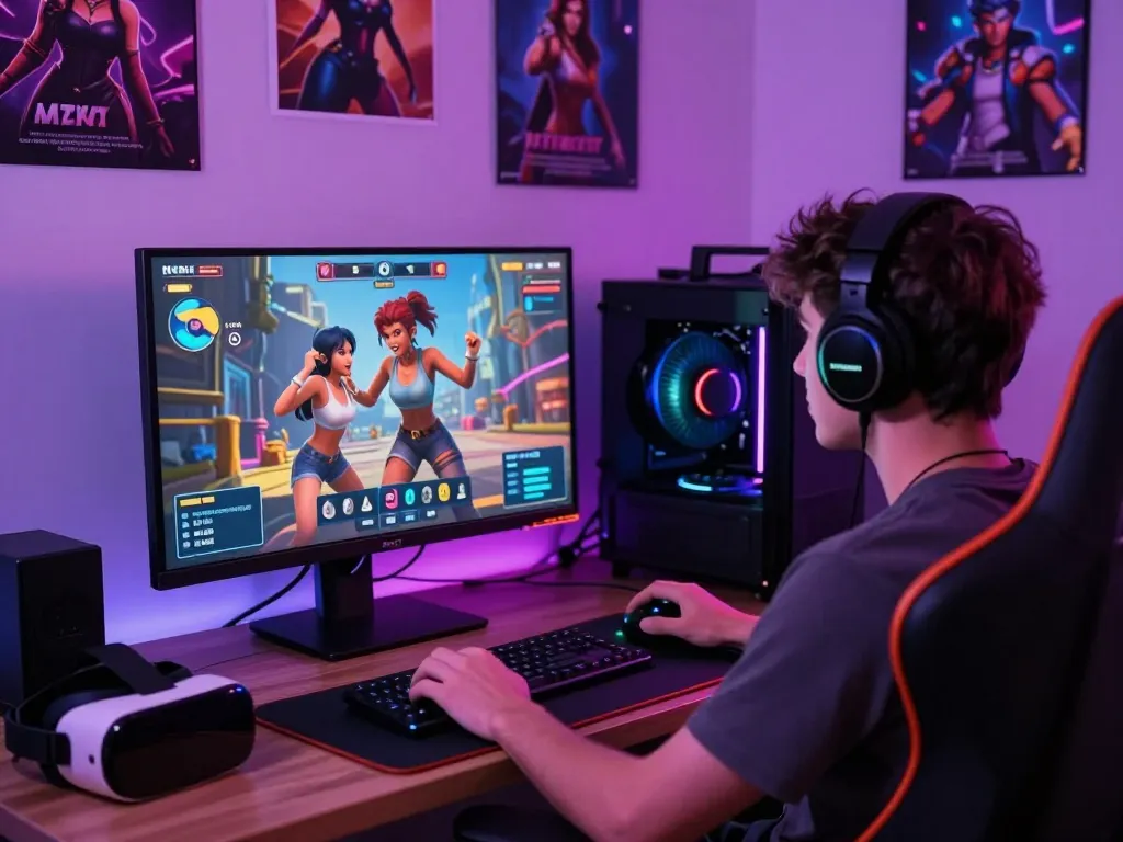 Engaging player enjoying AI porn games on a 3D gaming monitor with vibrant graphics and cozy surroundings.