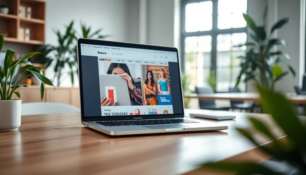 Showcasing an ecommerce website essex on a sleek laptop in a vibrant office setting.