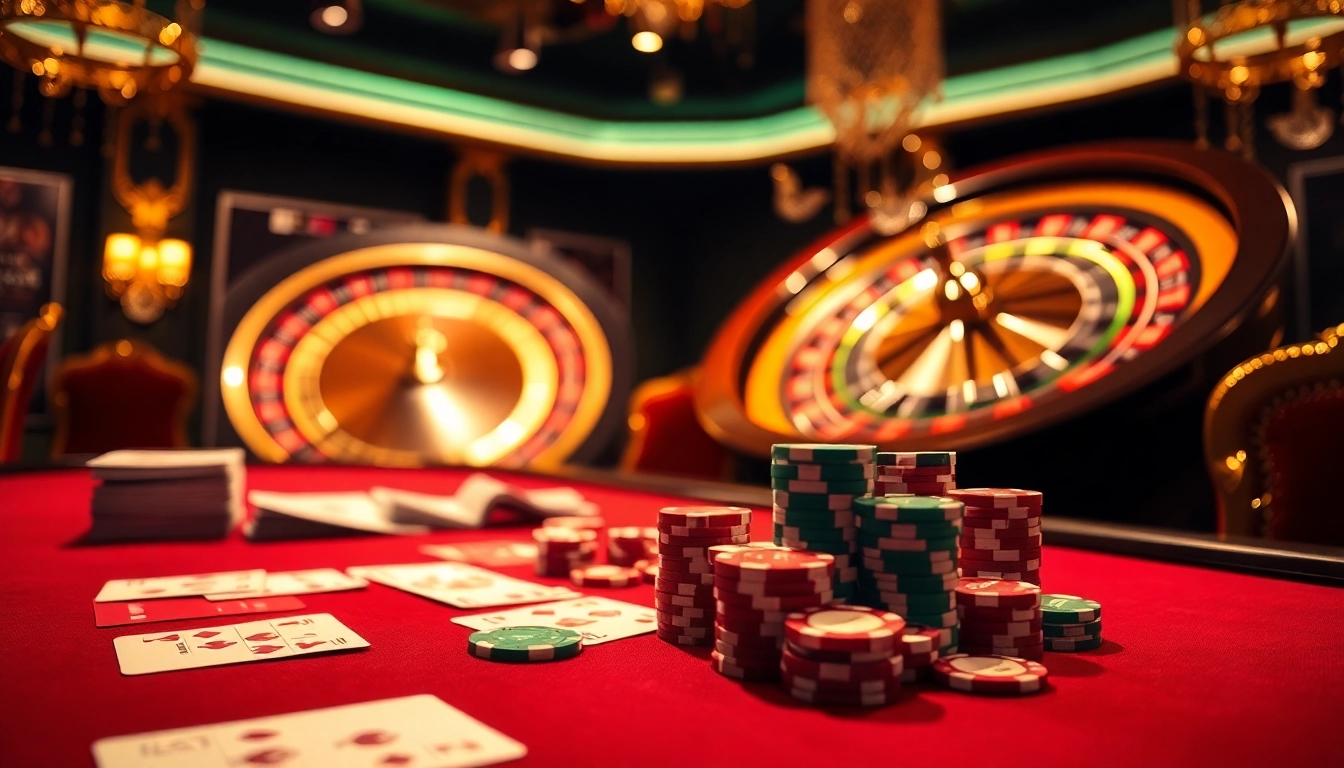 Vivez l'excitation au meilleur casino en ligne avec des éléments de poker et de roulette dans une scène de casino luxueuse.