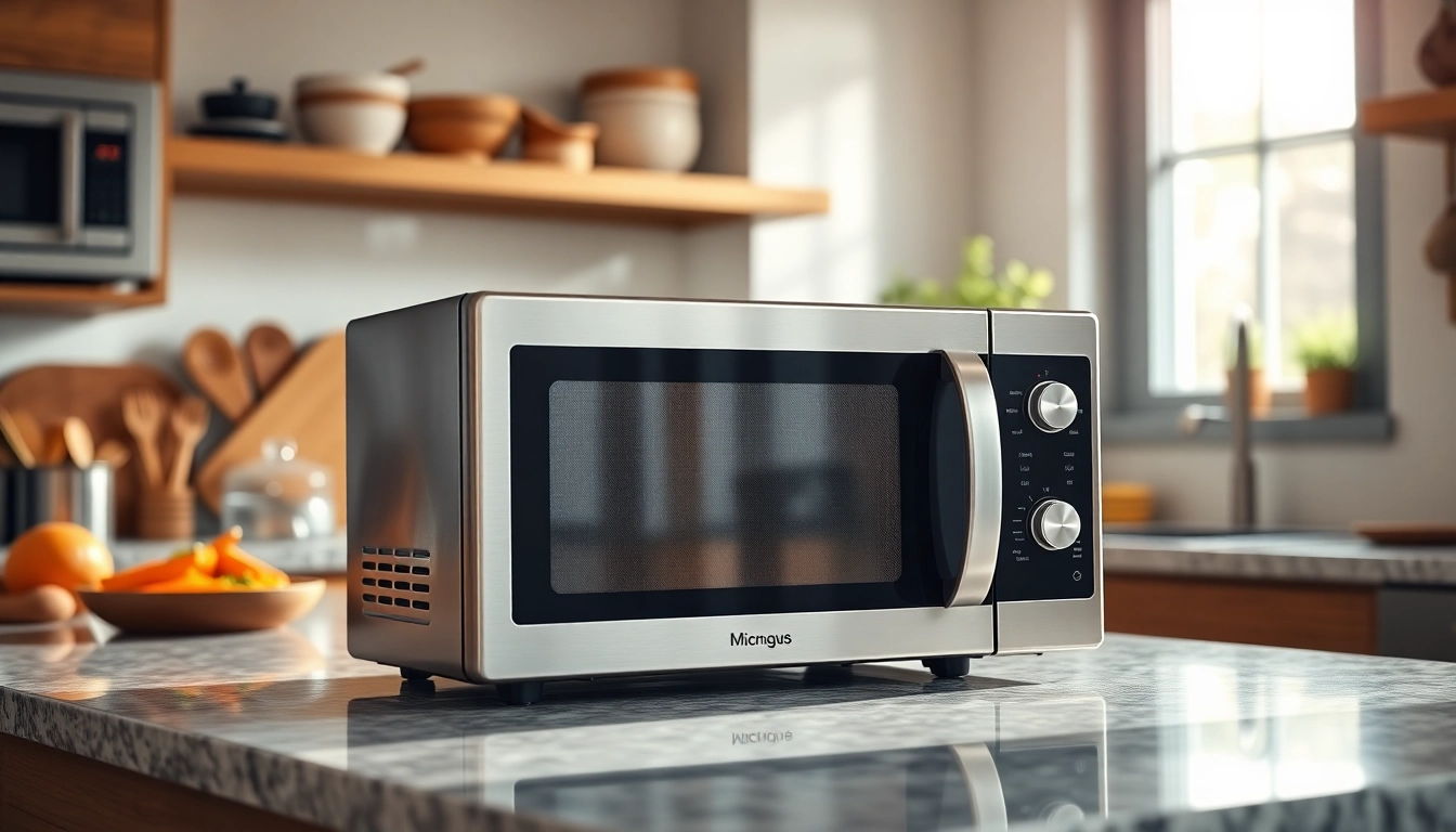 A sleek Microwave Oven displayed in a modern kitchen setting, showcasing meals and accessories.