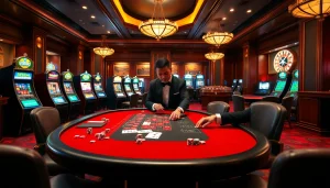 L'ambiance d'un meilleur casino en ligne avec des tables de jeu élégantes, des jetons et des joueurs excités.