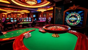 LUCK8 players enjoying a thrilling casino experience with elegant tables and vibrant lighting.